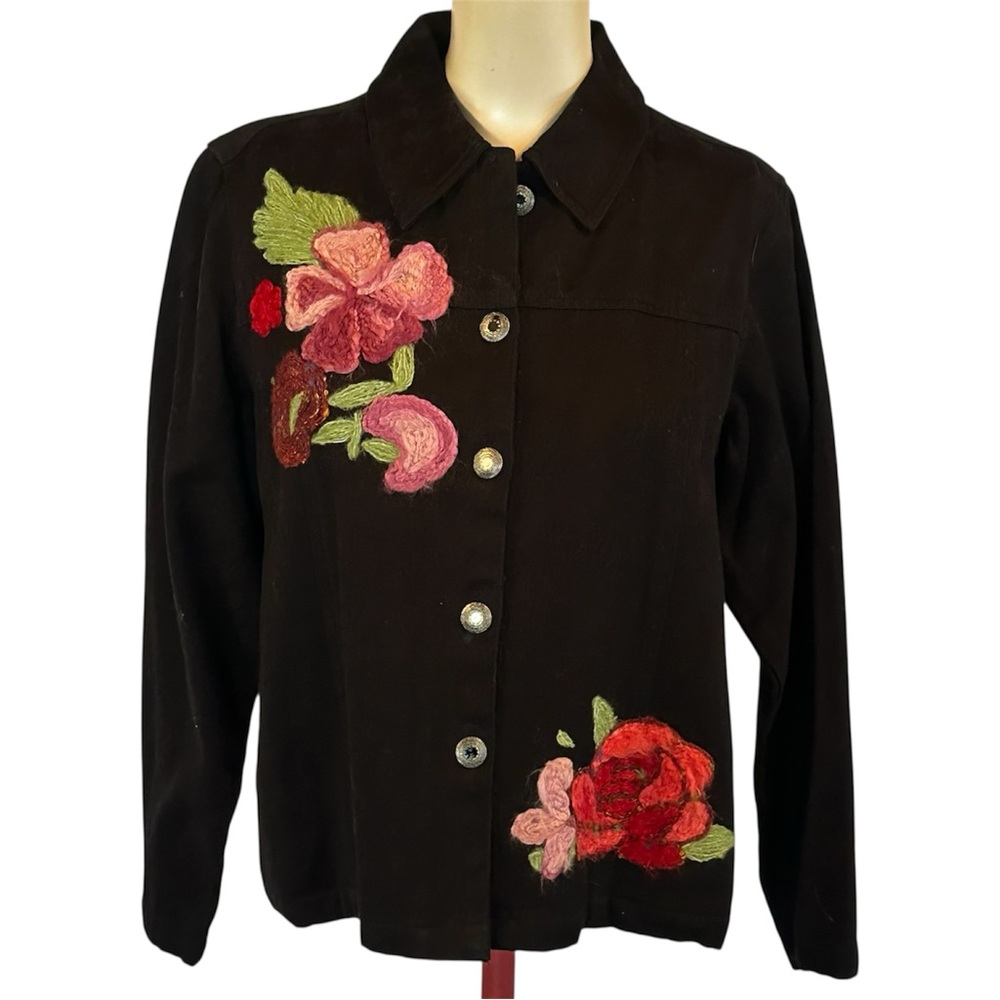 Choices Vintage Black Cotton Jacquard Floral Embroidery Jacket Size M Cottagecor